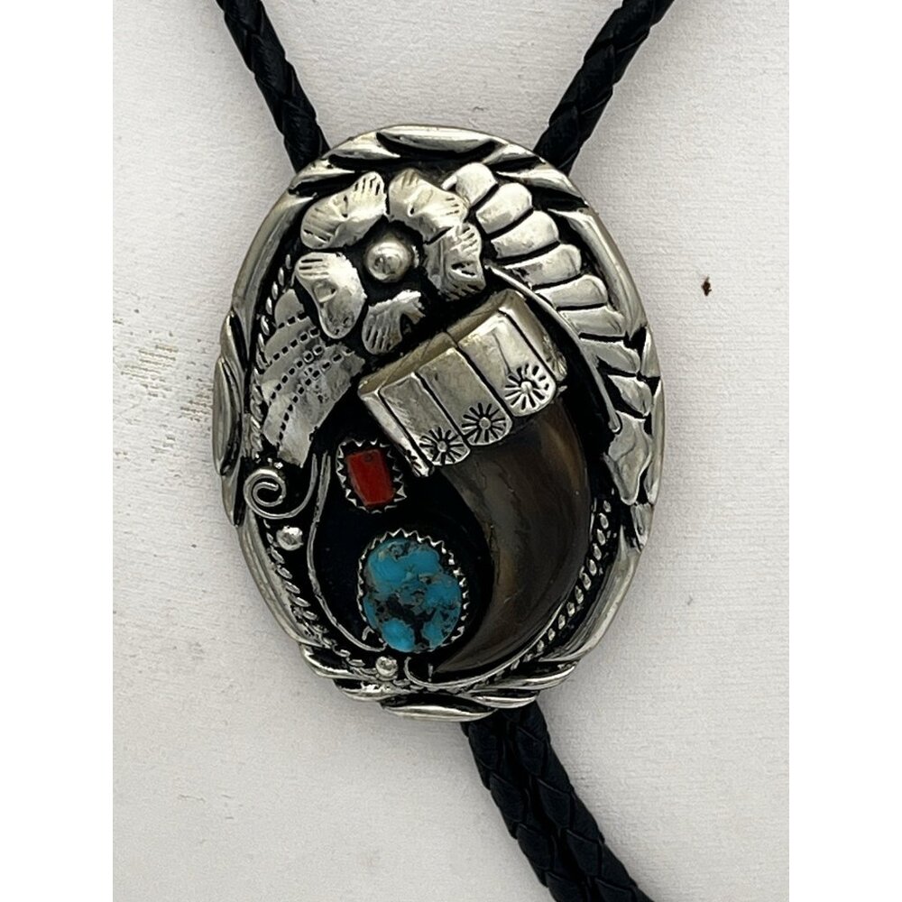 Vintage Turquoise Red Coral Bear Claw Sterling Bolo Tie SSI USA Silver Southwest